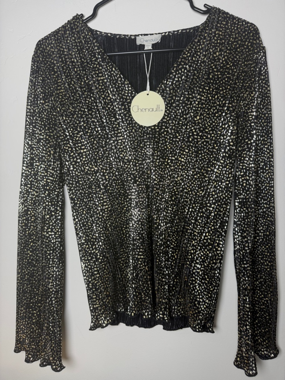 Chenault Pleated Blouse Small Black Gold Long Sleeve Pearl Elegant Formal